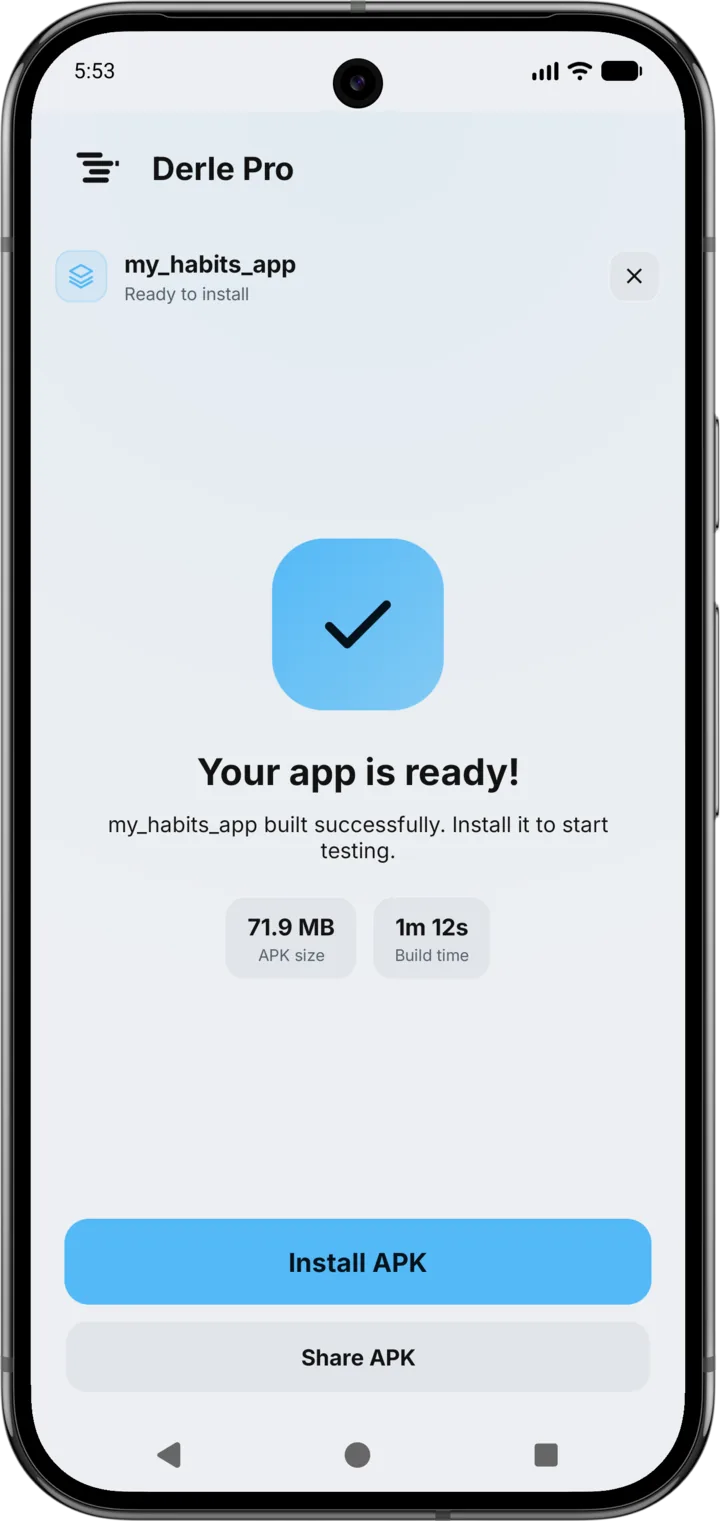 Kuruluma hazır bir build; APK boyutunu ve derleme süresini gösteriyor