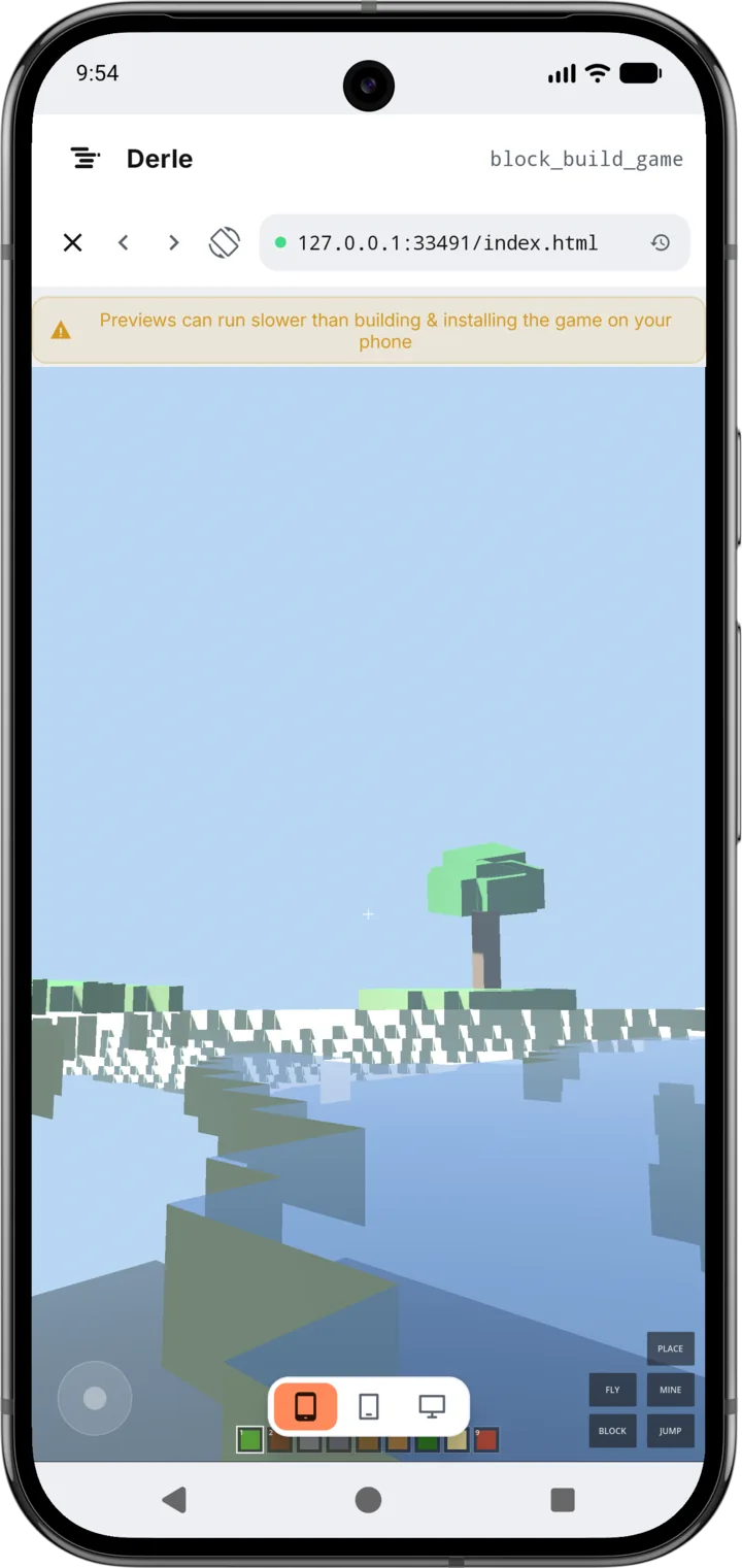 Derle ile yapılmış bir voxel oyunu, telefonda tam ekran çalışıyor