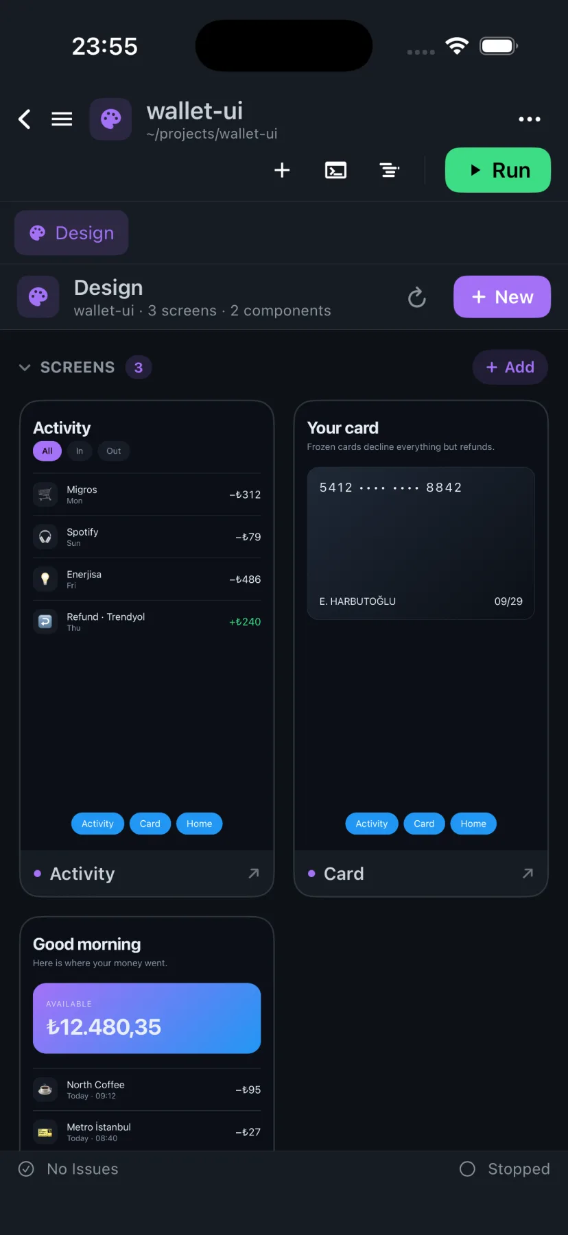 The Derle design board on iPhone with three live app screens side by side