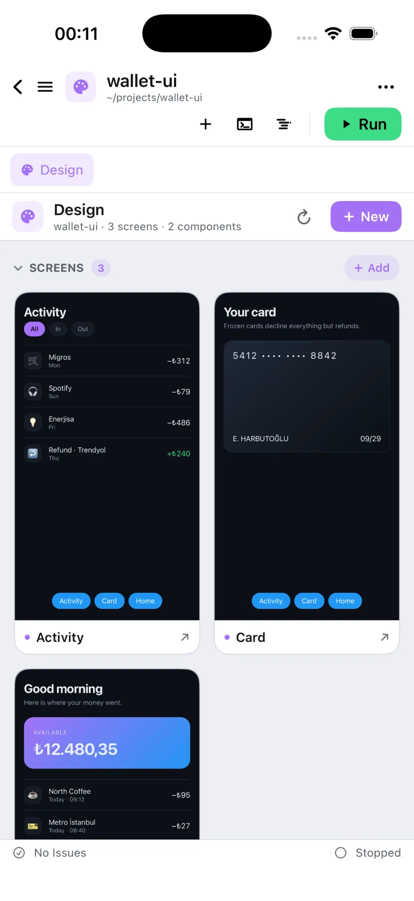 The Derle design board on iPhone with three live app screens side by side