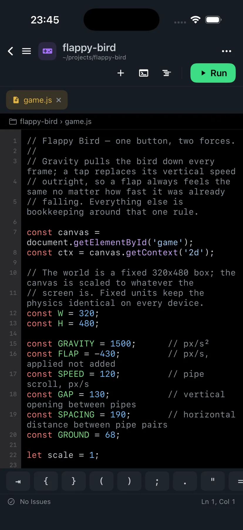 The Derle editor on iPhone, with a game loop open and syntax highlighted