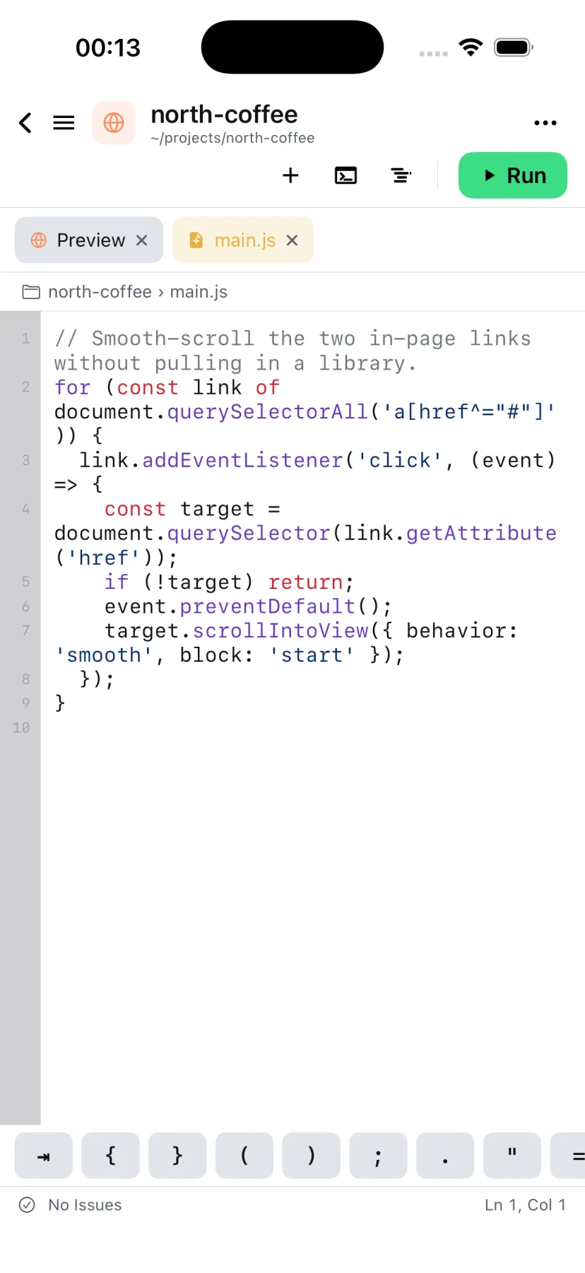 The Derle editor on iPhone, with a game loop open and syntax highlighted