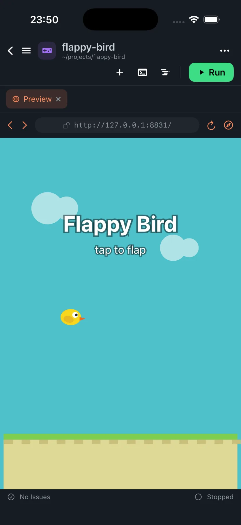 A Flappy Bird game written in Derle, running in the Preview tab on iPhone