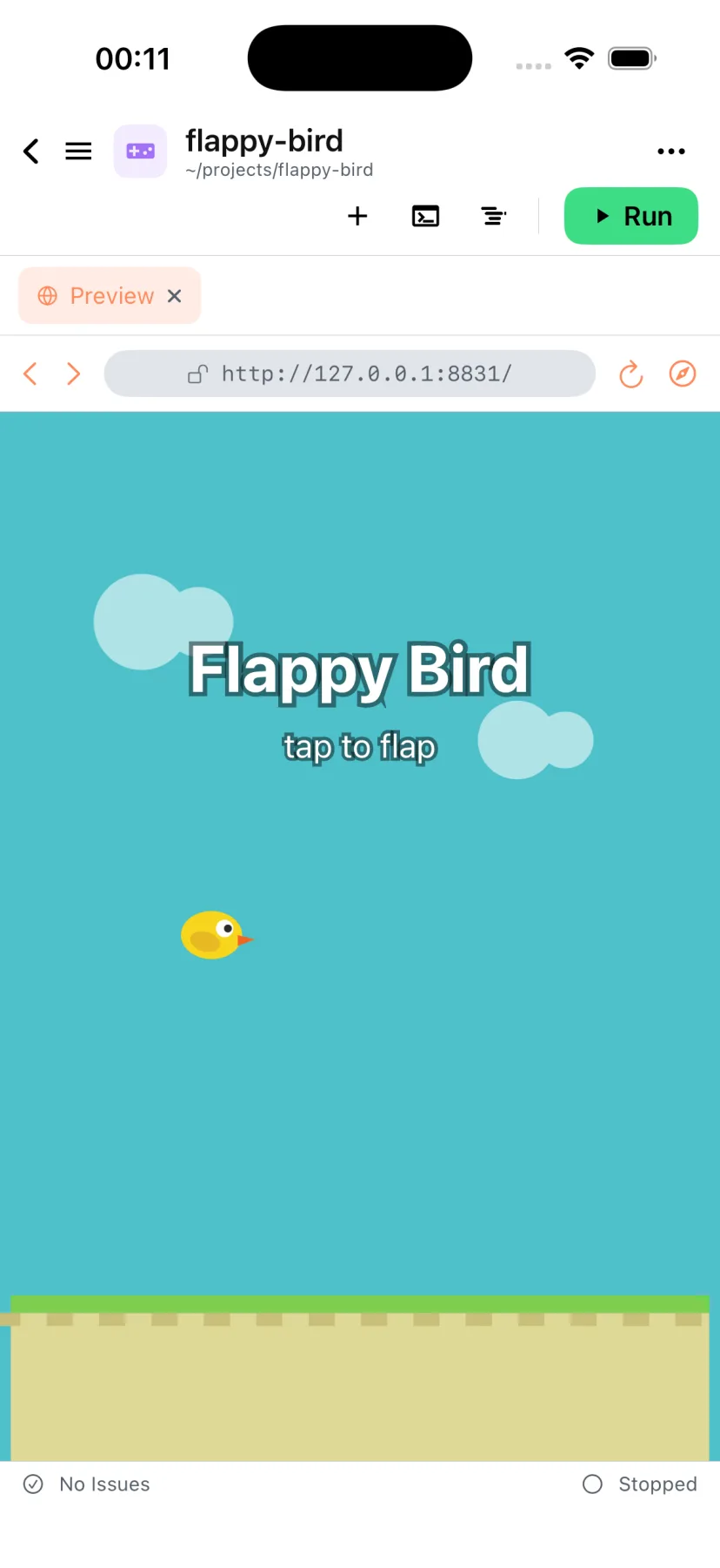 A Flappy Bird game written in Derle, running in the Preview tab on iPhone