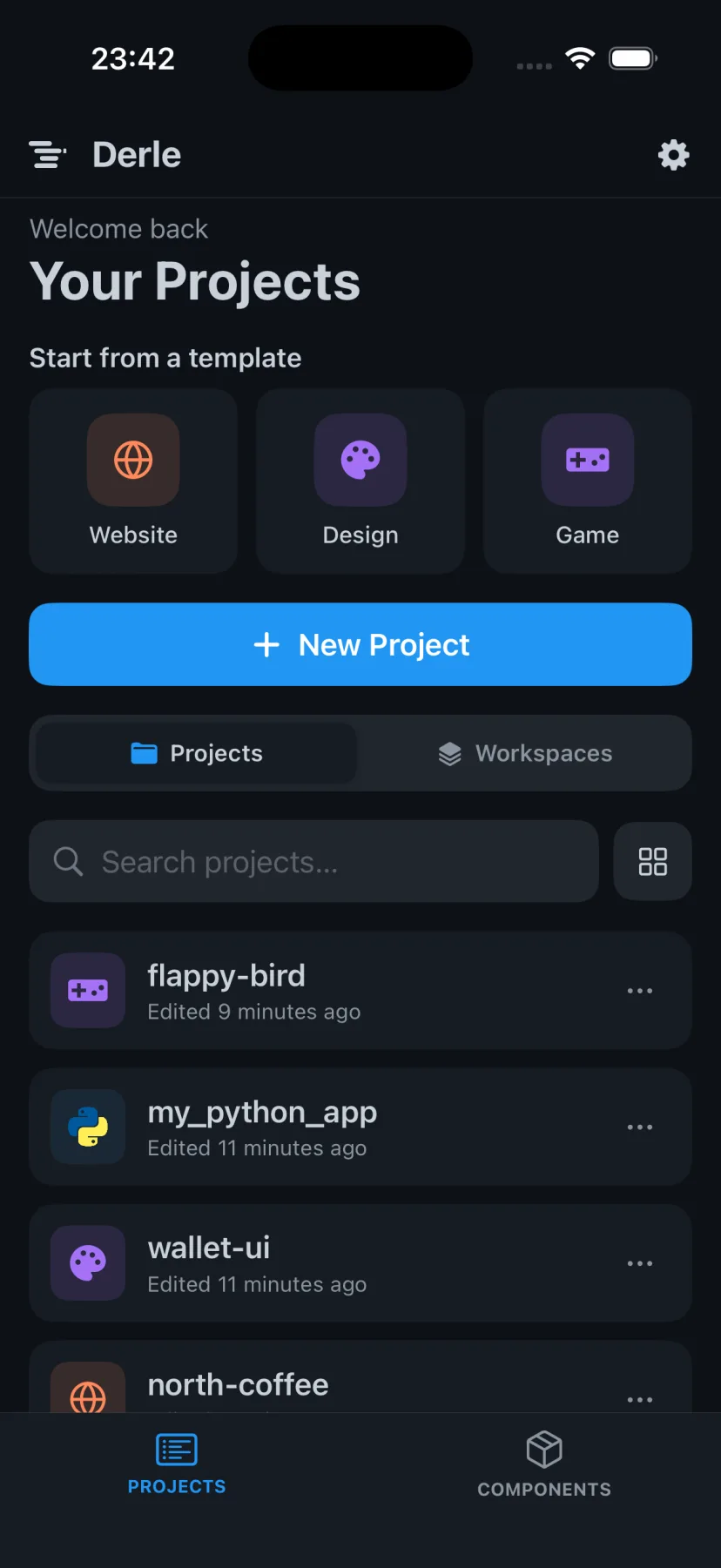 The Derle project list on iPhone, showing a game, a design project and a website