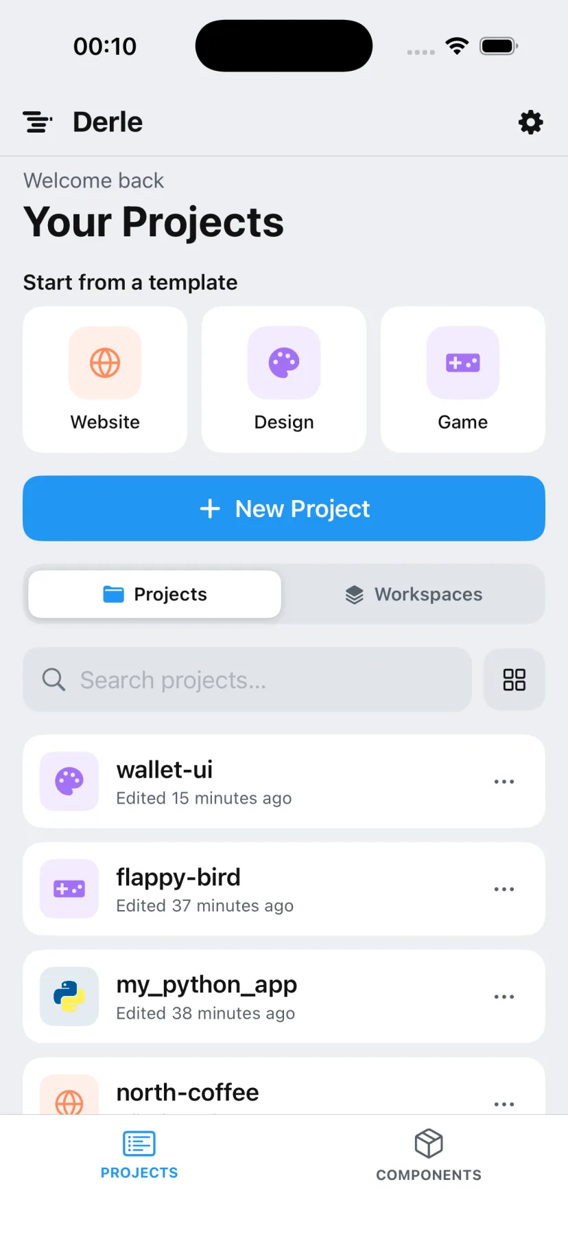 The Derle project list on iPhone, showing a game, a design project and a website