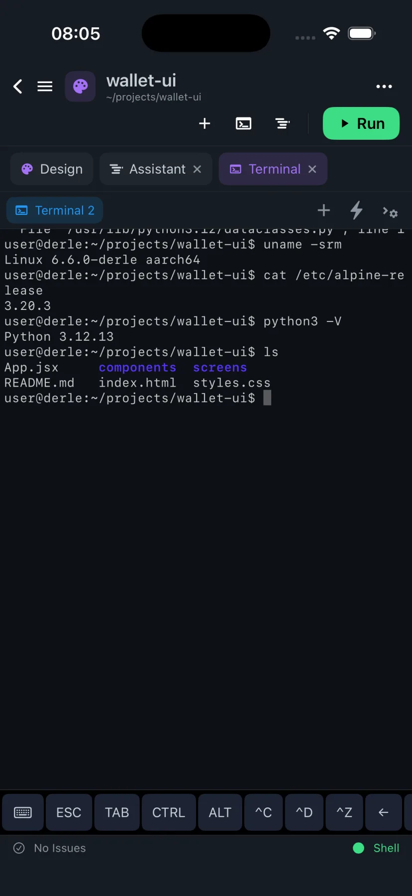 The Derle terminal on iPhone: Alpine Linux on the emulated ARM64 kernel, reporting its own version and Python