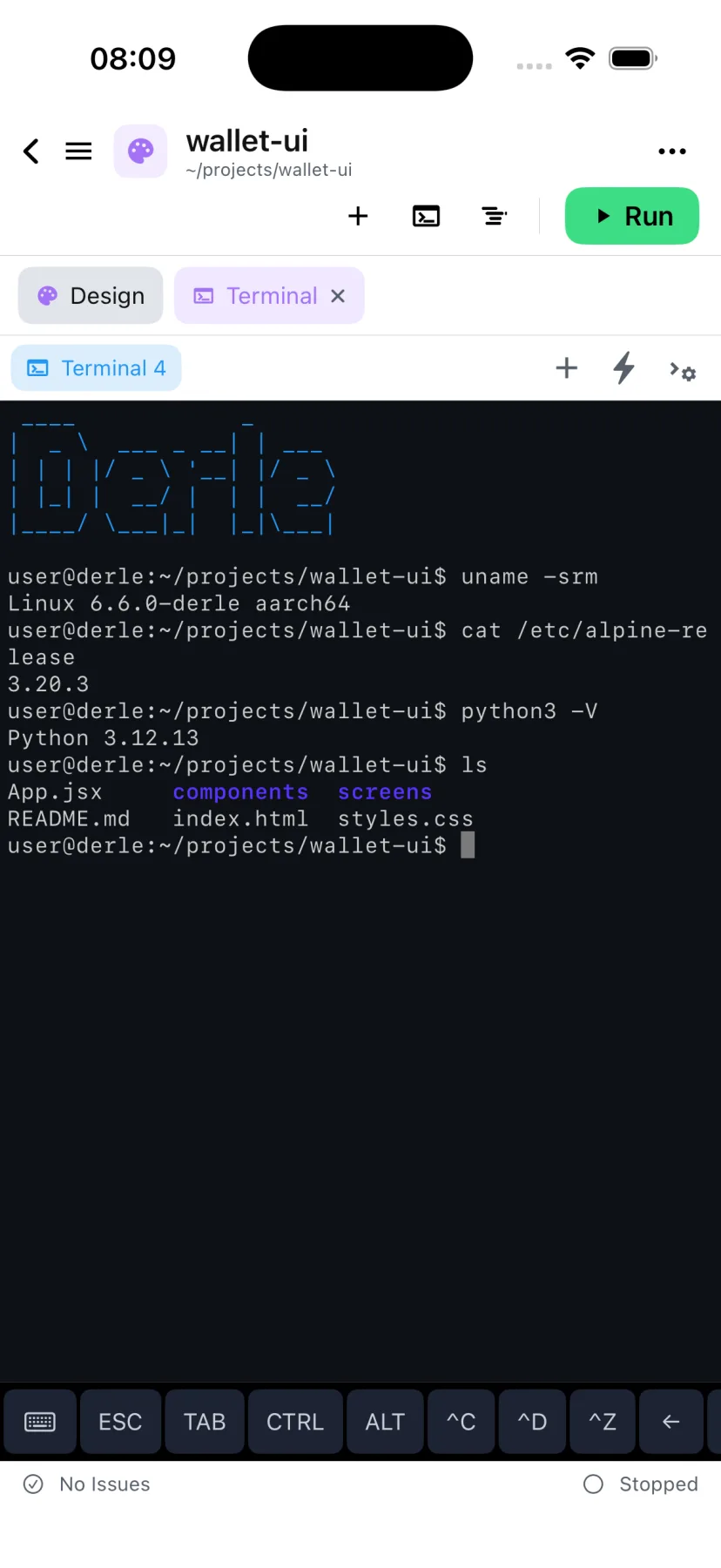 The Derle terminal on iPhone: Alpine Linux on the emulated ARM64 kernel, reporting its own version and Python