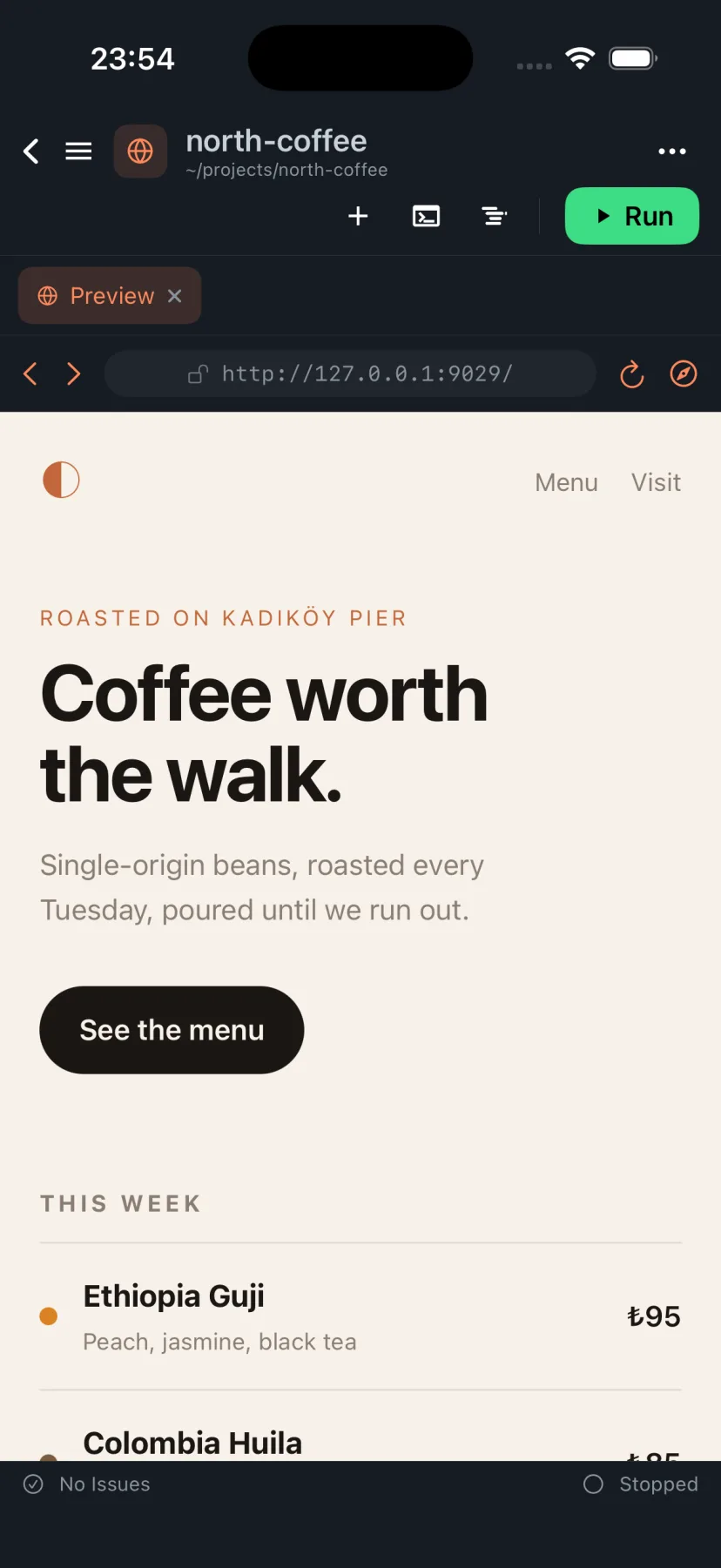 A coffee shop landing page built in Derle, rendered live in the Preview tab