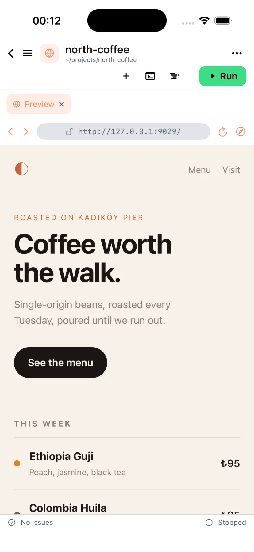 A coffee shop landing page built in Derle, rendered live in the Preview tab